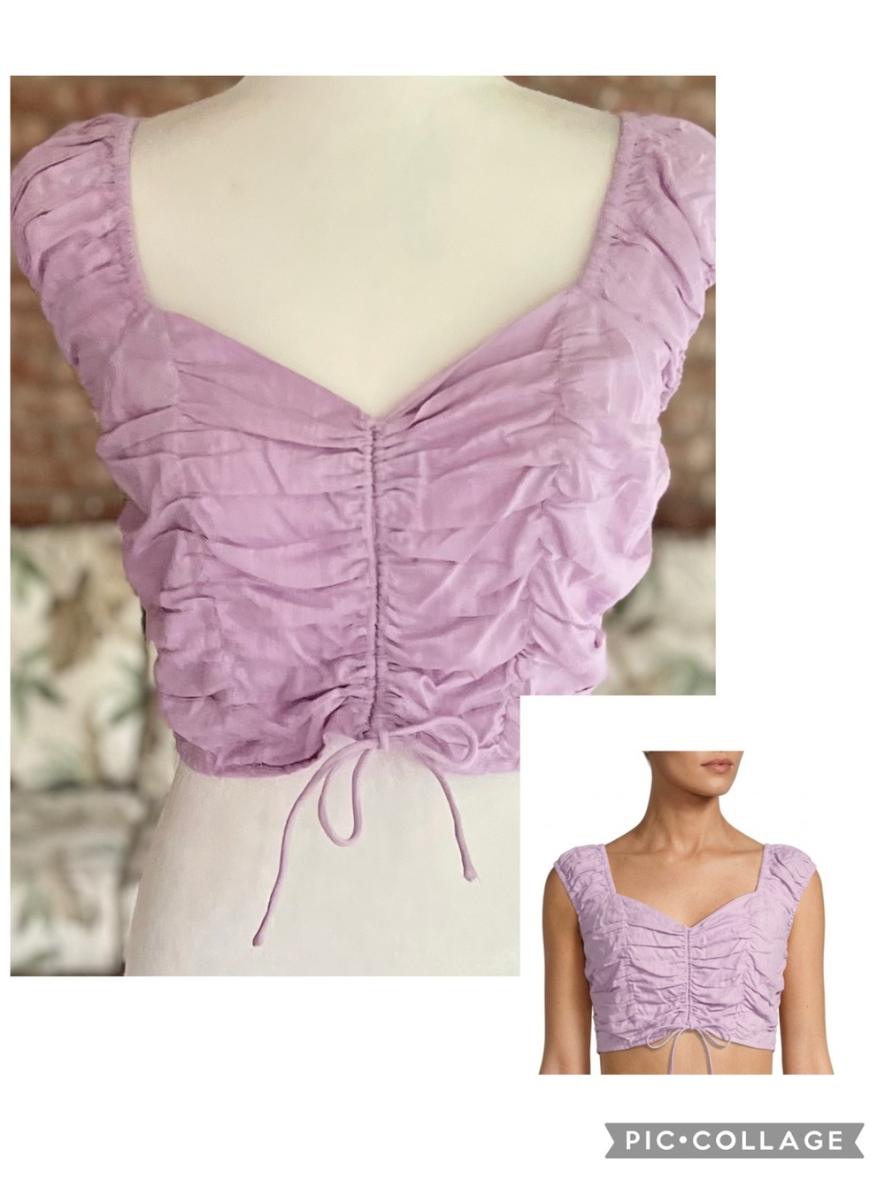 Japna Purple Shirred Crop Top Drawstring Front Smocked Back M Cottagecore